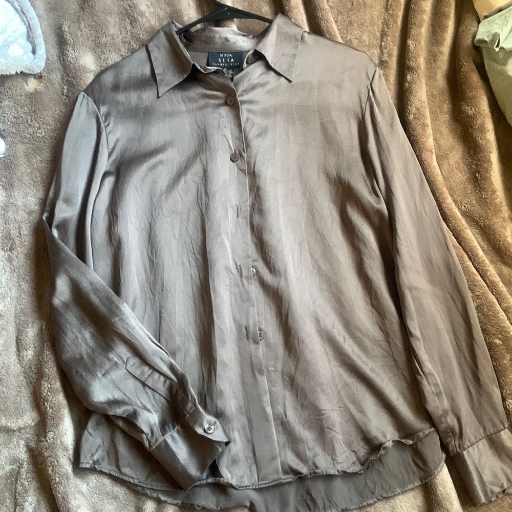 Neutral brown silk button up long sleeve